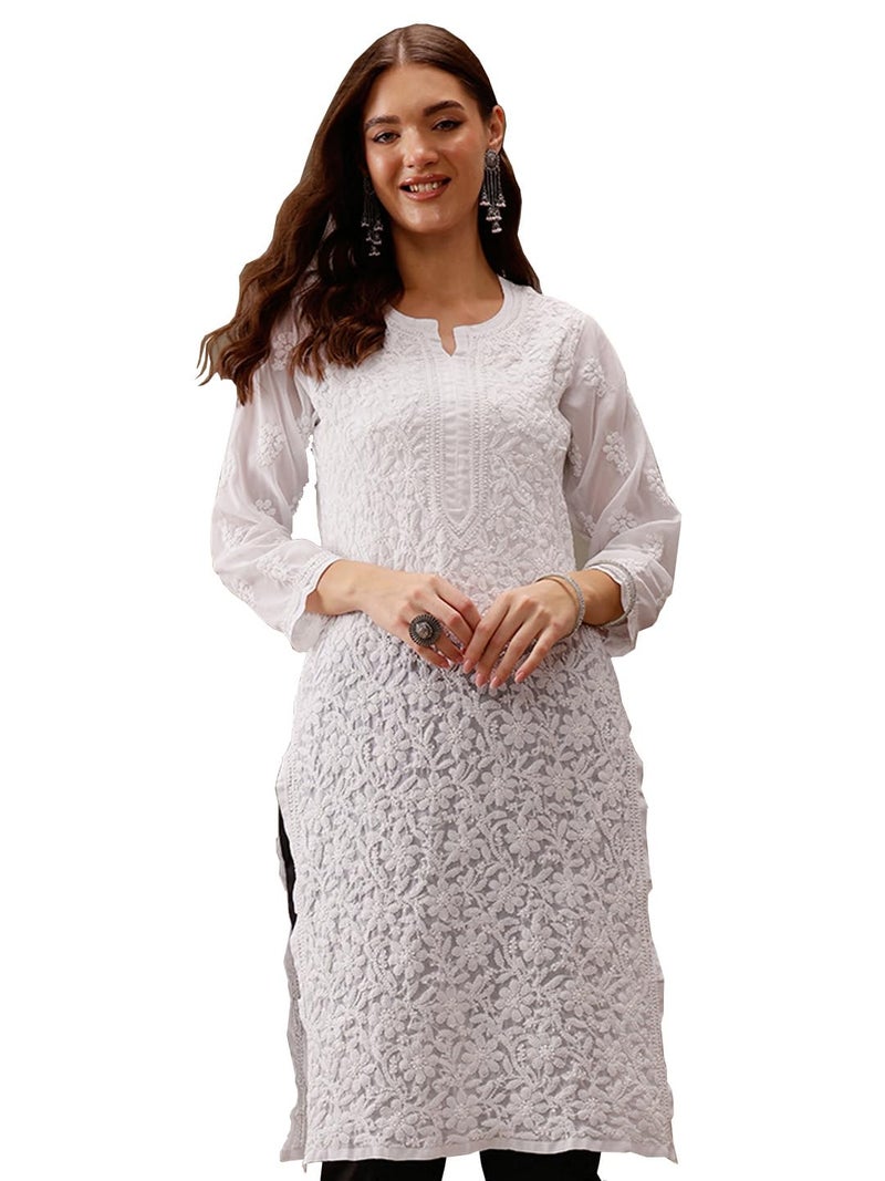 Ada Hand Embroidered Indian Chikankari Kurta Kurti Faux Georgette Tunic for Women XL95485_White - Image 1